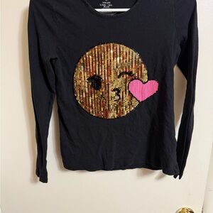Total Girl Black Shirt with Gold Sequin Emoji and Pink Heart